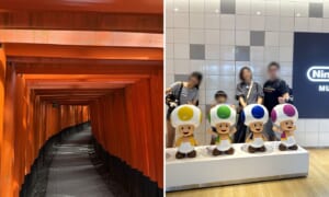 伏見稲荷大社の鳥居とニンテンドーミュージアムで撮った家族写真。京都旅行2日目