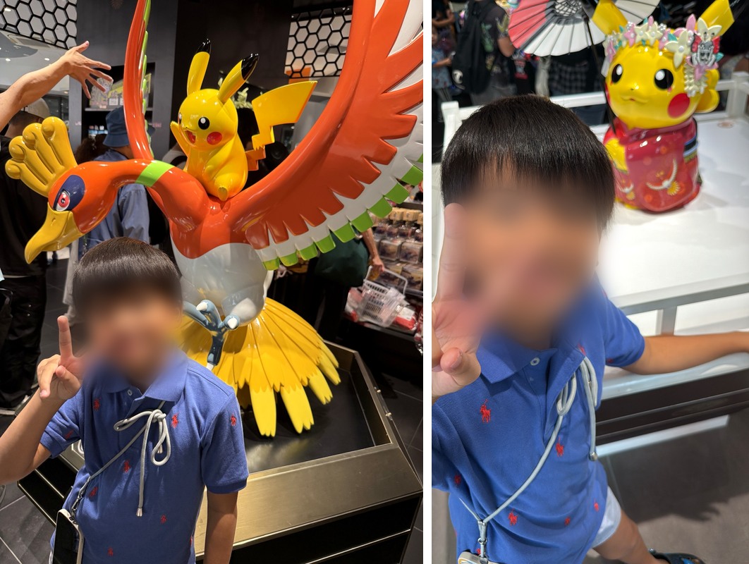 ホウオウとピカチュウの前で、息子と記念写真📷